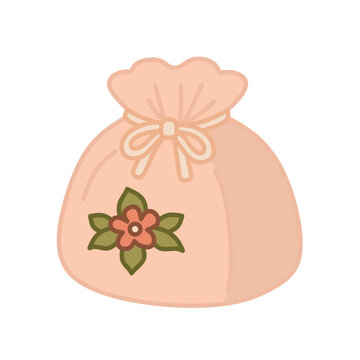 Korean traditional lucky pouch bokjumeoni, pink drawstring bag with floral embroidery, flat hand drawn vector illustration for Chuseok and Seollal Lunar New Year, isolated on transparent background