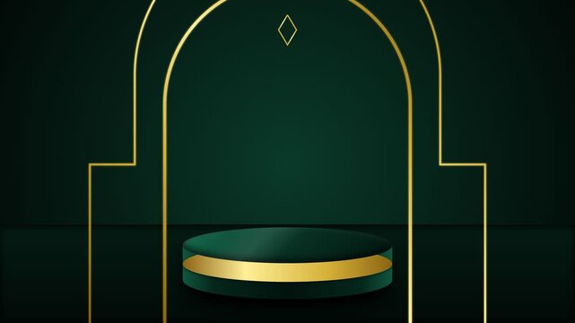 Luxury Dark Green Velvet Podium with Gold Art Deco Arch