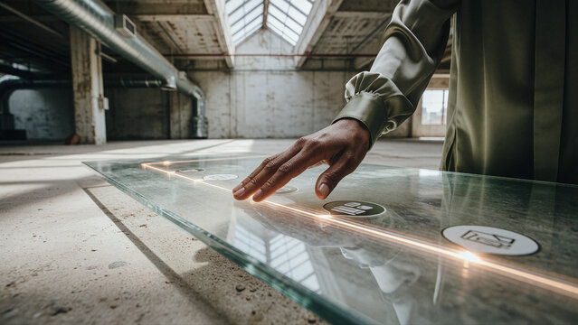 Hand reaches toward glowing circular icons embedded within a transparent glass table inside an empty industrial warehouse under bright natural skylight.
