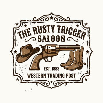 Vintage western cowboy saloon logo with revolver, hat, and boots in a retro distressed label design