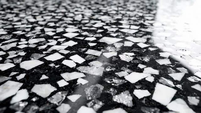 Close Up of Black and White Terrazzo Flooring Texture With Reflective Surface