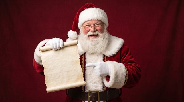 Happy Santa Claus Holding a Blank Scroll for Christmas Wishes or Naughty List