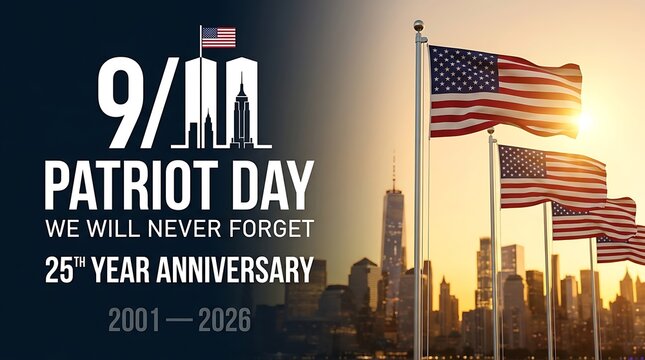 Silhouetted New York City skyline with American flags and 9/11 Patriot Day remembrance and 25th year anniversary.
