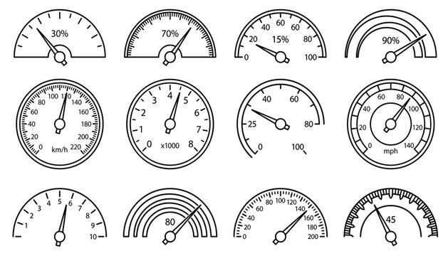 Speedometer & Gauge Meter Icon Set &ndash; Percentage, Speed, RPM Dial Line Icons