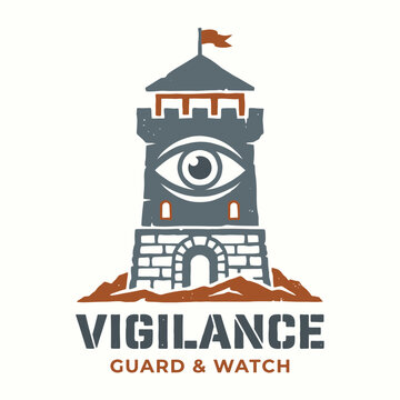 Vigilance guard and watch logo vector illustration featuring a medieval stone watchtower with an eye symbol and flag