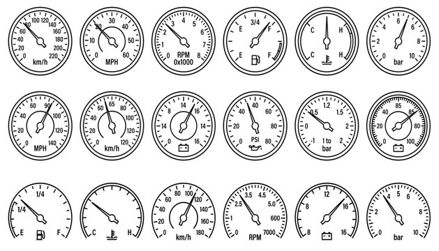 Car Dashboard Gauge Icon Set &ndash; Speedometer, Fuel, RPM & Temperature Line Icons