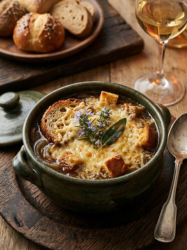 Hot french onion soup with melted cheese and bread