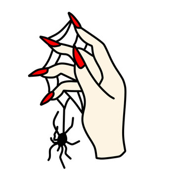 Hand with long red nails holds a spider on a thread.