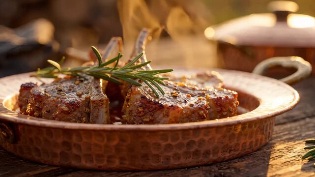 Steaming Grilled Lamb Chops With Fresh Rosemary in a Copper Pan