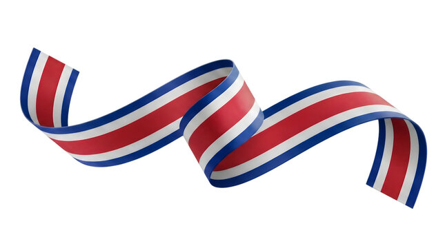 Costa Rica flag ribbon, waving national colors streamer, patriotic blue white red silk banner on white background