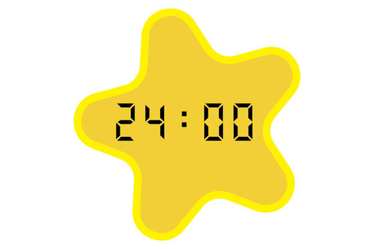 yellow star-shaped digital clock showing 24:00 on a white background