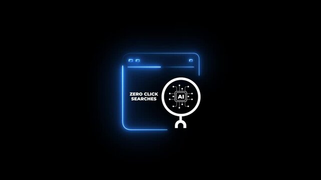 Zero-Click AI Search Experience concept. neon a glowing AI interface labeled Zero-Click Searches. Instant answers, automated insights and AI-driven search without website clicks.4k motion graphics