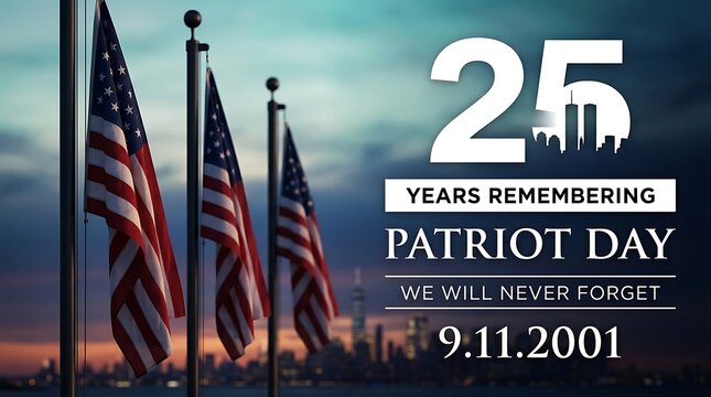 25th anniversary Patriot Day memorial featuring American flags, city skyline, and text we will never forget, 9.11.2001, celebrating resilience and remembrance of fallen heroes.