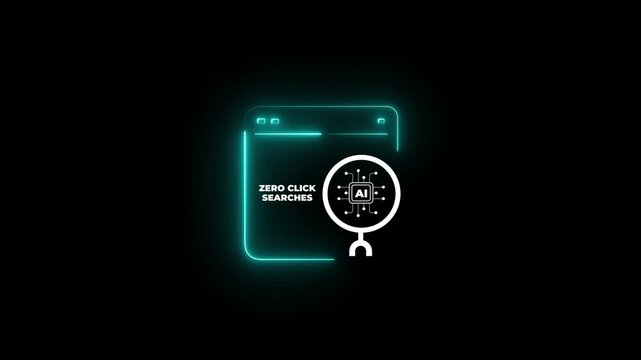 Zero-Click AI Search Experience concept. neon a glowing AI interface labeled Zero-Click Searches. Instant answers, automated insights and AI-driven search without website clicks.4k motion graphics