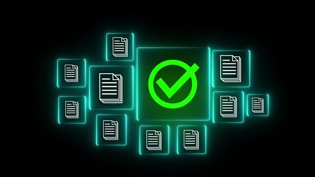 Digital document approval, document management system concept. neon digital interface to manage and verify electronic documents. DMS with secure approval processes and efficient workflow automation