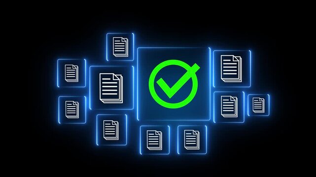 Digital document approval, document management system concept. neon digital interface to manage and verify electronic documents. DMS with secure approval processes and efficient workflow automation