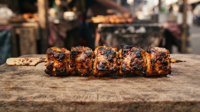Close-up of grilled meat pieces on wooden stick.