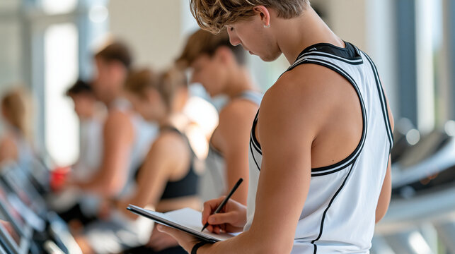 Faceless instructor guides teens through exercise routines at fitness center during afternoon training session, defocused youth fitness education, adolescent exercise guidance,