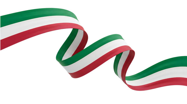 Italian flag ribbon with green white and red stripes, waving silk tricolor banner, curved national colors on white