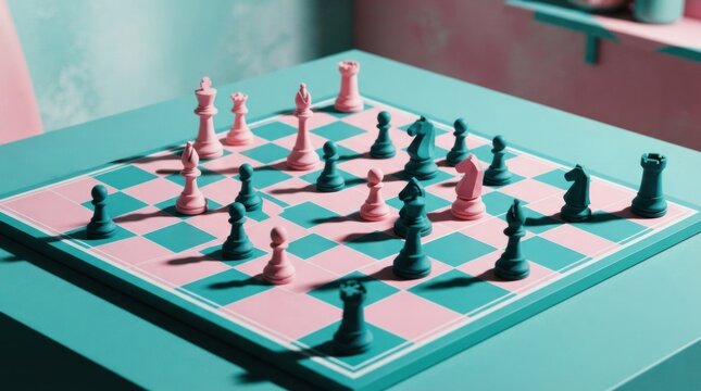 Close-up of pink and teal chess set on table
