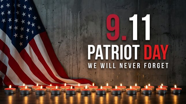 September 11th patriot day remembrance with american flag draped and candles lit on concrete wall background a symbol of national unity and collective memory of 9/11.