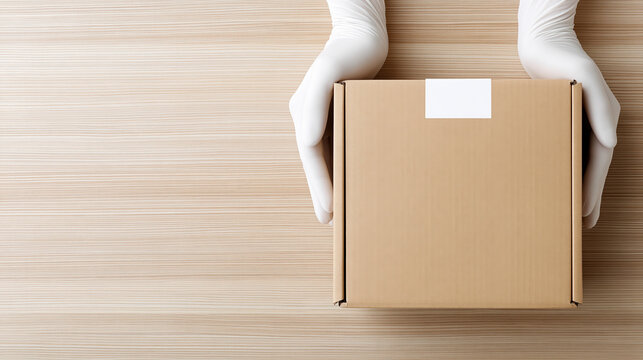 Anonymous white gloved hands presenting clean sealed cardboard box on wooden surface for careful delivery service