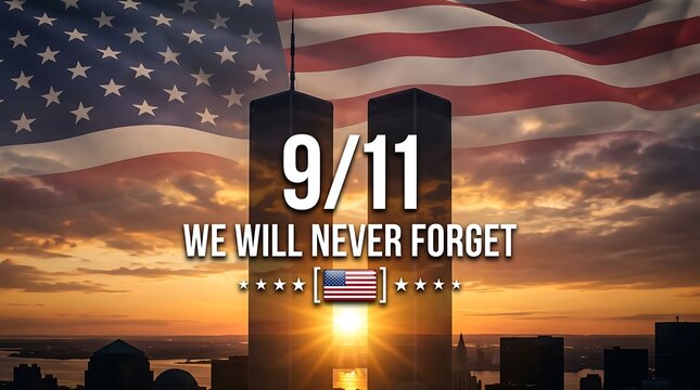 9/11 patriot day memorial tribute with twin towers silhouette against sunset and american flag waving text we will never forget honoring heroes of september 11.