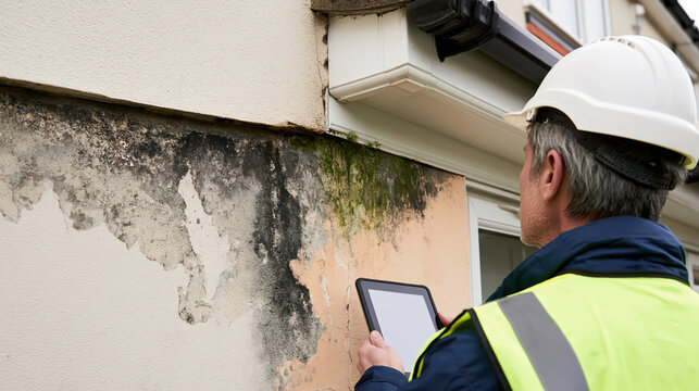 Building inspector assessing water infiltration damage on exterior wall with tablet and safety helmet