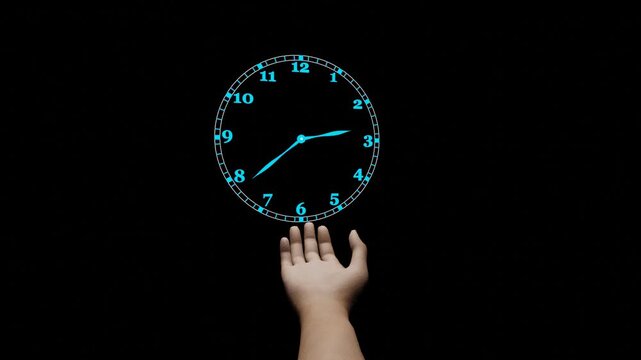 Glow cyan clock hovering above hand with moving hands on black background