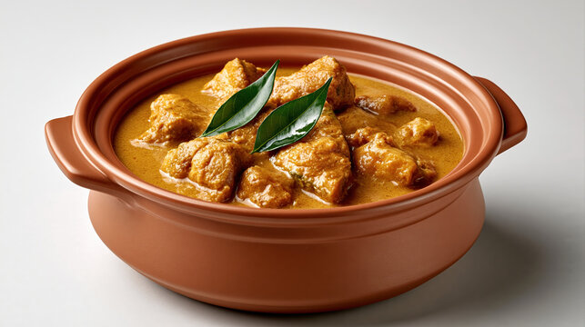 Golden fish curry in traditional round clay pot, rich sauce and green herb garnish creating warm appetizing meal