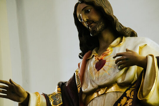 Sacred Heart of Jesus Statue with Open Arms in Church, Religious Catholic Figure