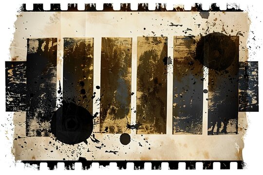 Vintage film negative illustration with heavy ink splatters and vertical frames. Artistic sepia backdrop perfect for alternative movie poster design or indie music album cover template