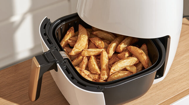 Modern air fryer with open drawer revealing crispy golden potato fry