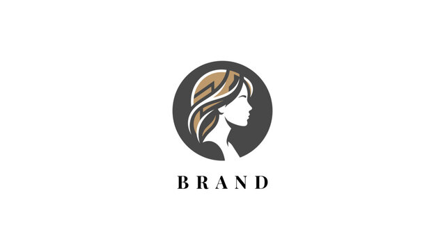 Elegant beauty salon logo design featuring a woman profile silhouette with stylish hair in a circle icon