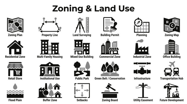 Set of icons representing urban planning zoning and land use concepts for architectural design and municipal development projects
