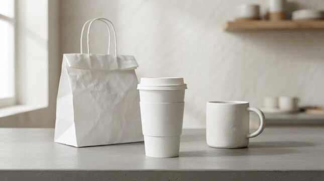 Coffee packaging mockup with paper bag and cups.