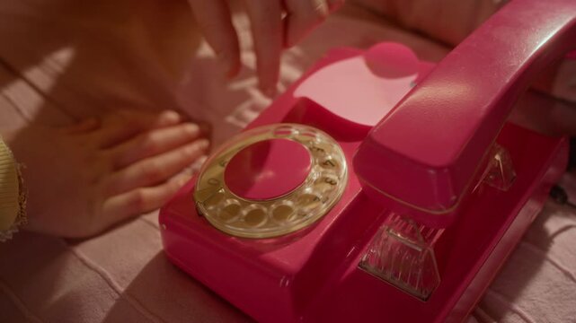 Cropped shot of unrecognizable girl dialing vintage pink rotary telephone, captured in high angle close up. Ideal for retro lifestyle advertisements, nostalgic marketing or teenage drama series
