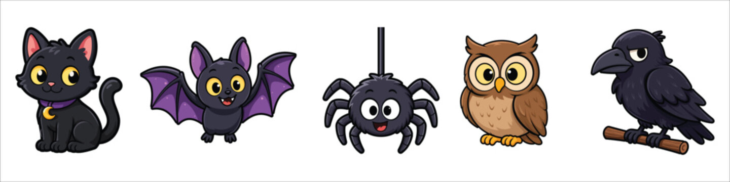 Cute Halloween Animal Sticker Collection with Black Cat Bat Spider Owl and Raven Cartoon Vector Set