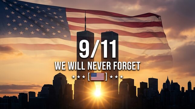 American flag waving over New York City skyline with the Twin Towers and text 9/11 we will never forget symbolizing remembrance and patriotism.