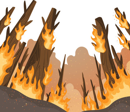 Burning Forest Landscape with Charred Trees and Wildfire Flames