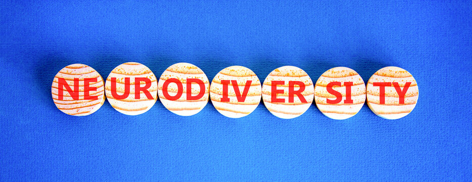 Neurodiversity word symbol. Concept word Neurodiversity on beautiful wooden circles. Beautiful blue background. Business science biological medical neurodiversity word concept. Copy space.