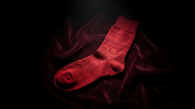 Rich red patterned sock presented on luxurious deep red fabric with dramatic lighting