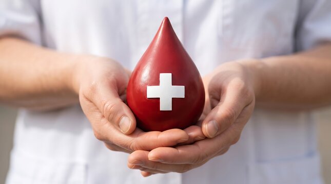 Hands holding a red heart with a white medical cross symbol representing healthcare