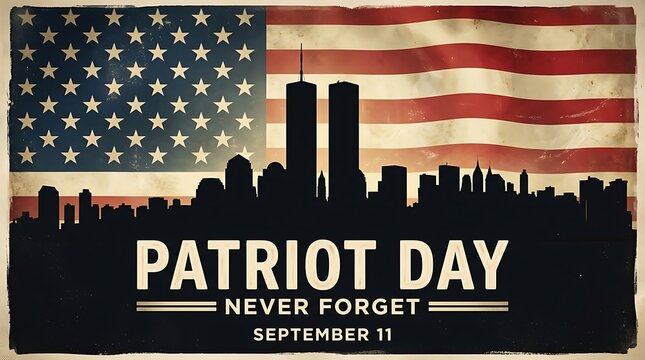 Silhouette of Twin Towers and city skyline against distressed American flag for Patriot Day and 9/11 remembrance, vintage style.