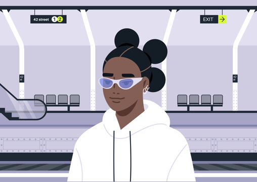 In a stylish white hoodie and trendy sport sunglasses, a passenger stands confidently on the platform, glancing at train information signs as the city buzzes around them.