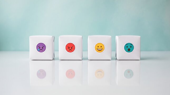 Four colorful tea bags arranged in a row on a white reflective surface