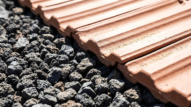 Terracotta roof tiles meet dark grey volcanic gravel stones in outdoor setting.