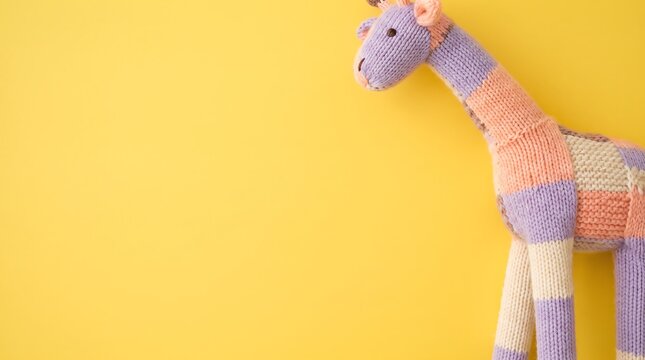 Colorful stuffed giraffe toy against a vibrant yellow background with copy space