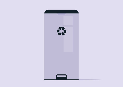 A stylish metal garbage bin stands out, adorned with a recycling symbol, Its clean design encourages eco-friendly habits and community pride.