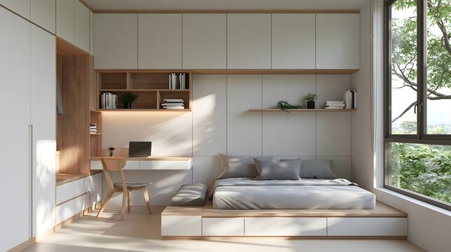 premium modern minimalist bedroom interior, compact space intelligently organized with built in wardrobe, multifunctional desk, floating shelves and under bed storage, white and natural wood palette,